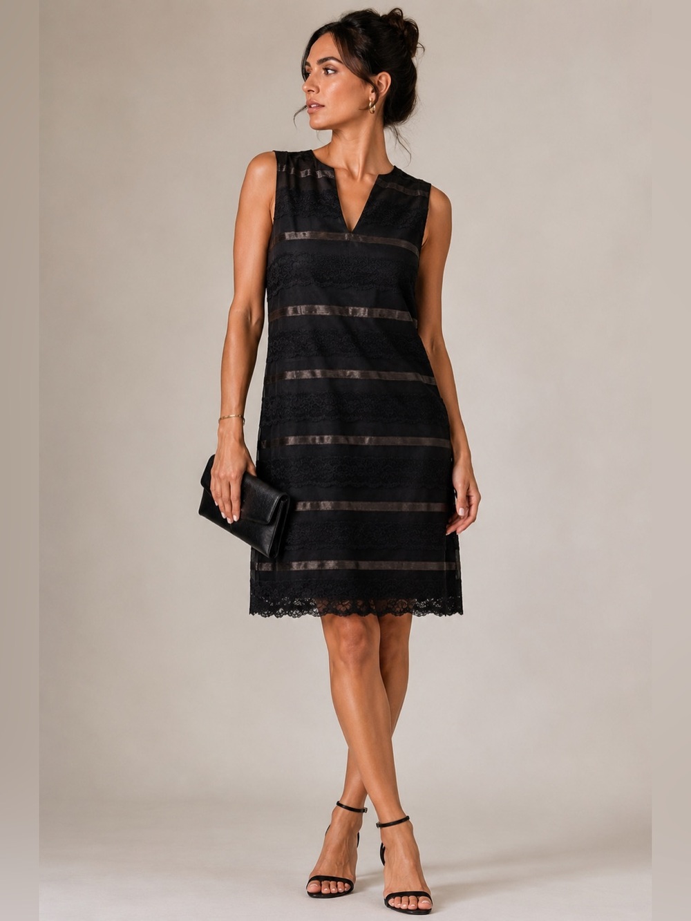 100% Silk Black Lace Cocktail Dress Elegant Wedding Guest Maggie London Size 14